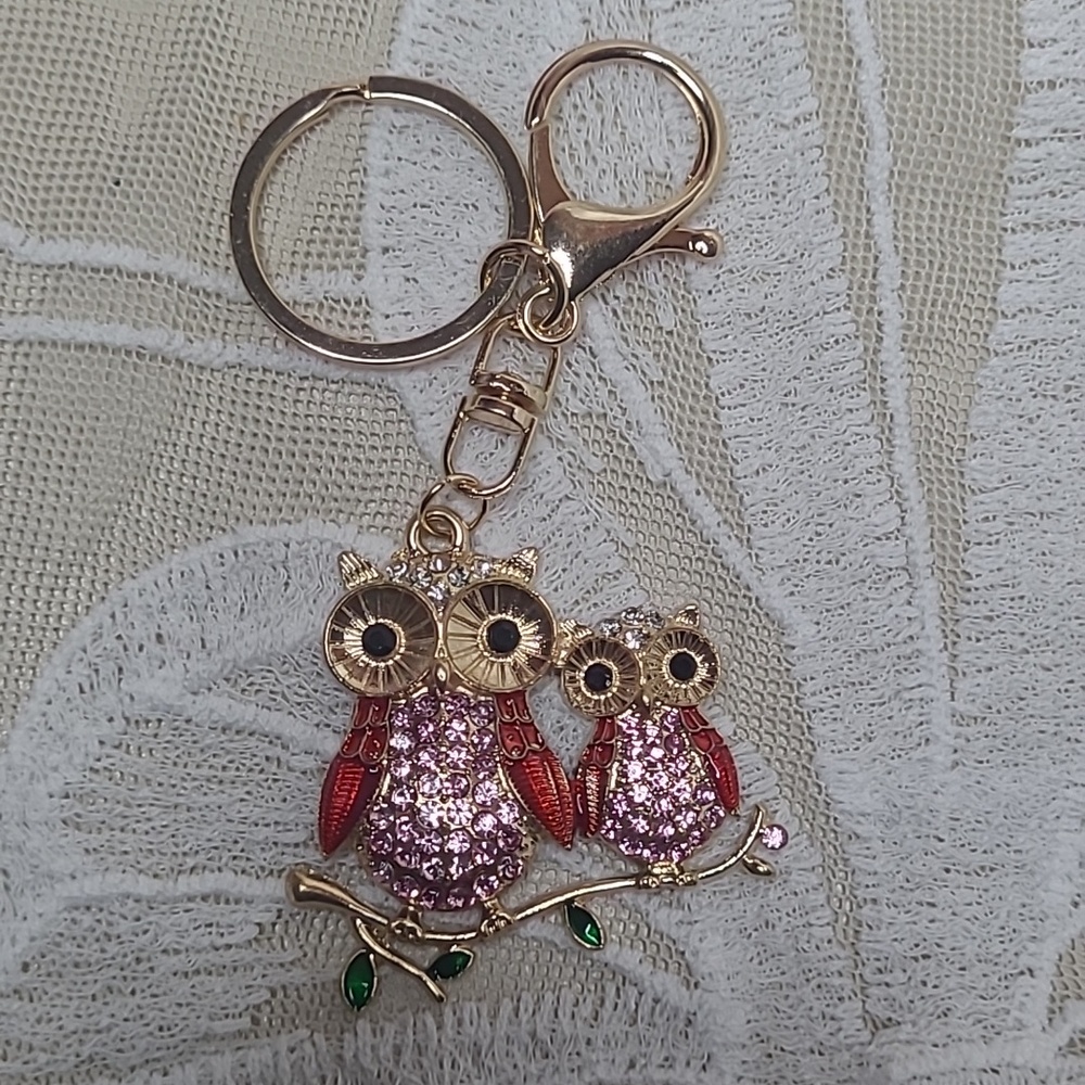 Gold Toned Pink Rhinestone Owls Keychain/Charm - Picture 2 of 5